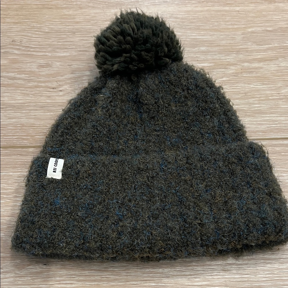 REI Forest Green Knit Beanie with Pom-Pom